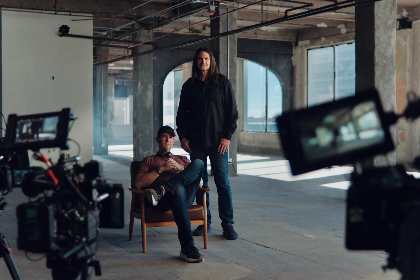 The documentary crew setting up a filmed interview